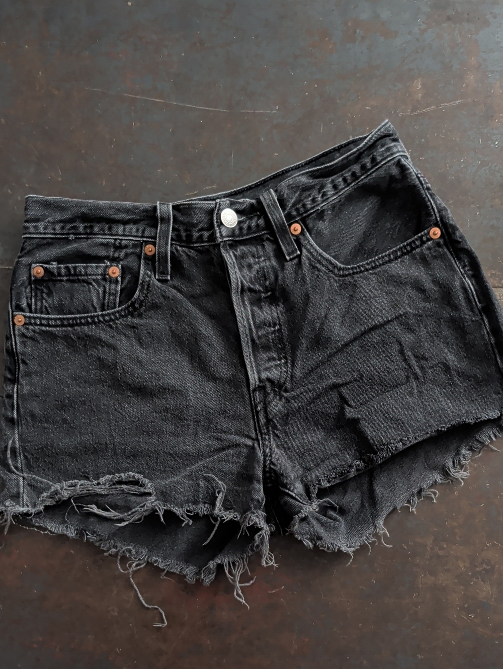 Levi's 501 Black Distressed Denim Shorts